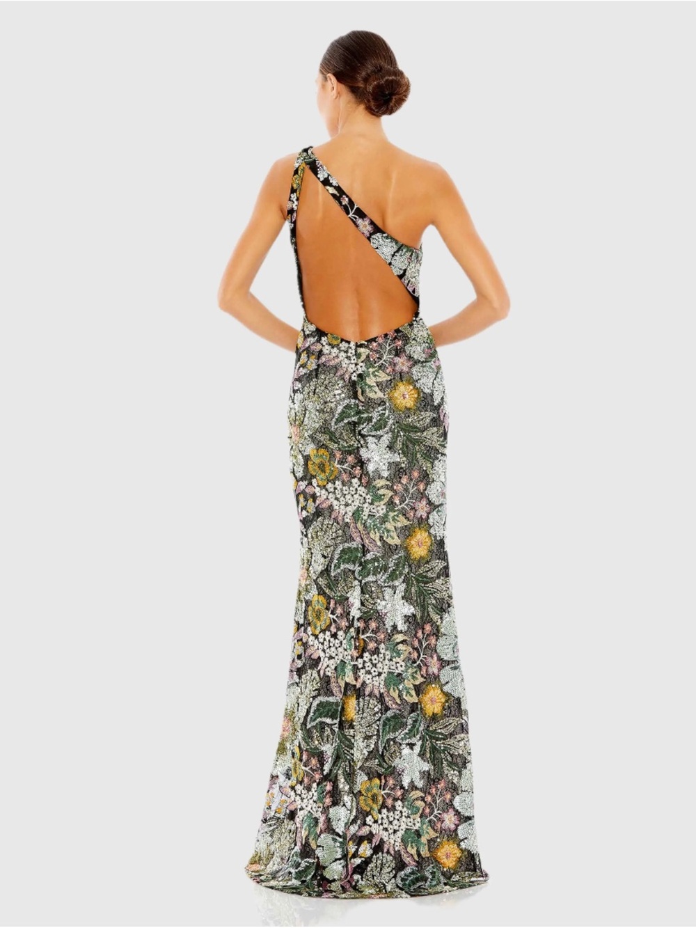 Mac Duggal Black One-Shoulder Floral Sequin Gown - Picture 4 of 5